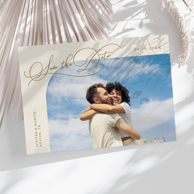 Elegante Script Creme-Rahmen-Foto Save The Date (Von Creator hochgeladen)
