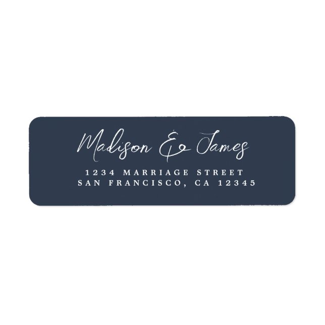 Elegante Script Dark Blue Wedding Rücksendeadresse (Vorne)