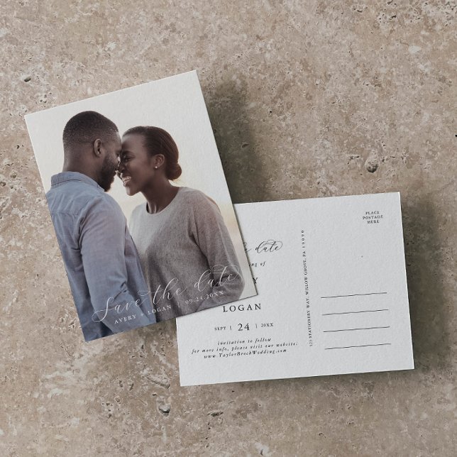 Elegante Script Dark Foto Template Save the Date Einladungspostkarte (Von Creator hochgeladen)