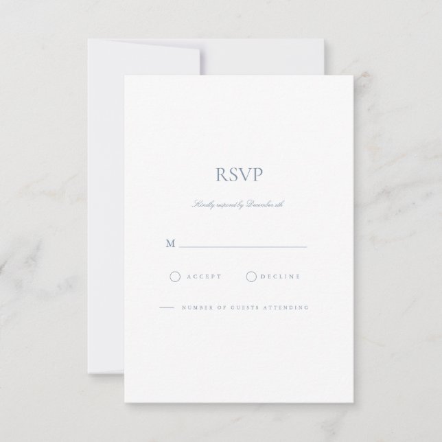 Elegante Script Dusty Blue & White RSVP Card Karte (Vorderseite)