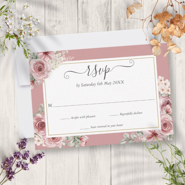 Elegante Script Dusty Rose Floral Wedding RSVP Karte (Elegant Script Dusty Rose Floral Wedding RSVP Card)