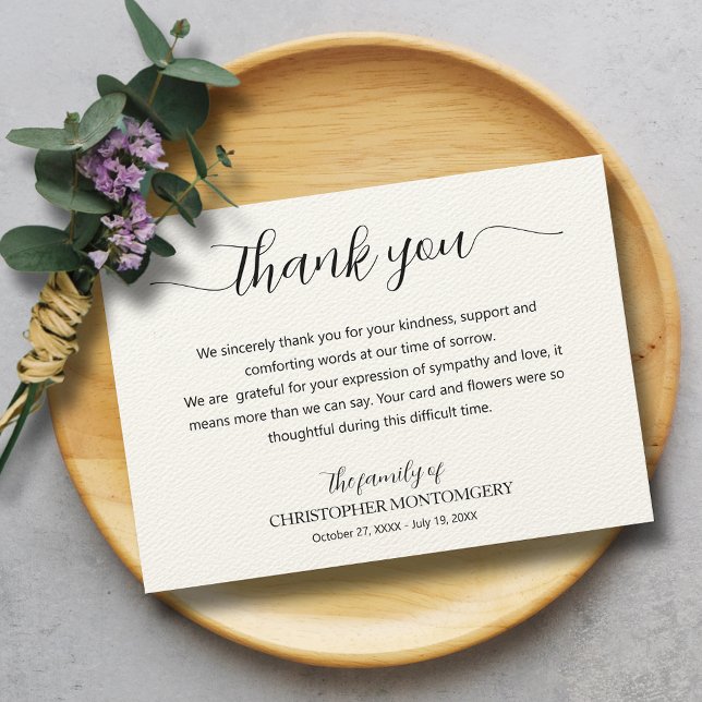 Elegante Script Ecru Beerdigung Dankeskarte (Elegant script thank you cards printed on warm ecru paper with an embossed woven texture)