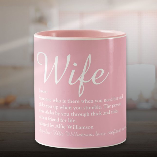 Elegante Script-Ehefrau Definition Girly Pink Fun Zweifarbige Tasse (Elegant Script Wife Definition Girly Pink Fun Two-Tone Coffee Mug)