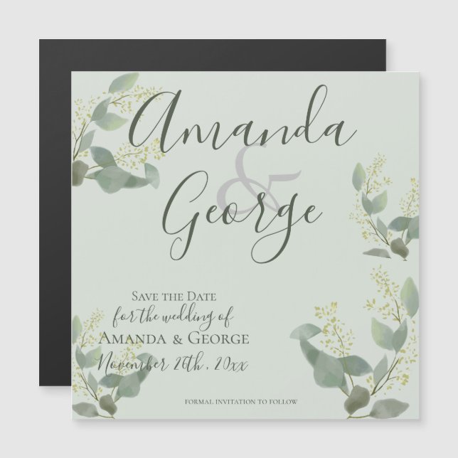 Elegante Script-Eucalyptus-Blätter Save the Date Magneteinladung (Vorne/Hinten)