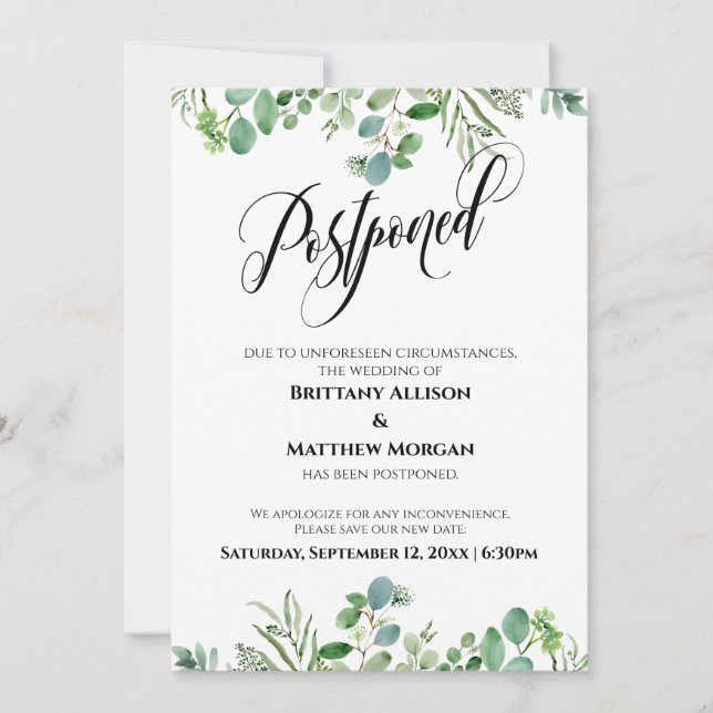 Elegante Script Eucalyptus Postponed Wedding Card Einladung (Vorderseite)