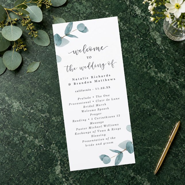 Elegante Script Eukalyptus-Hochzeitszeremonie Programm (Eucalyptus Wedding Ceremony Program. Styling props not included.)