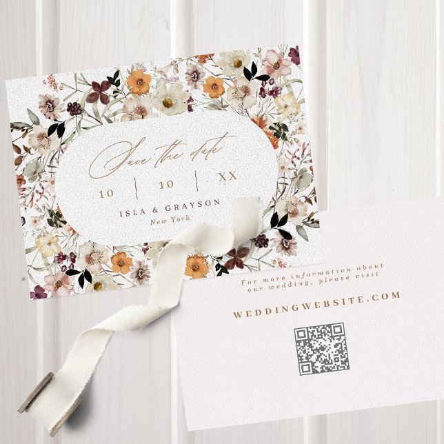 Elegante Script Fall Wildblumen QR Code Hochzeit Save The Date (Von Creator hochgeladen)