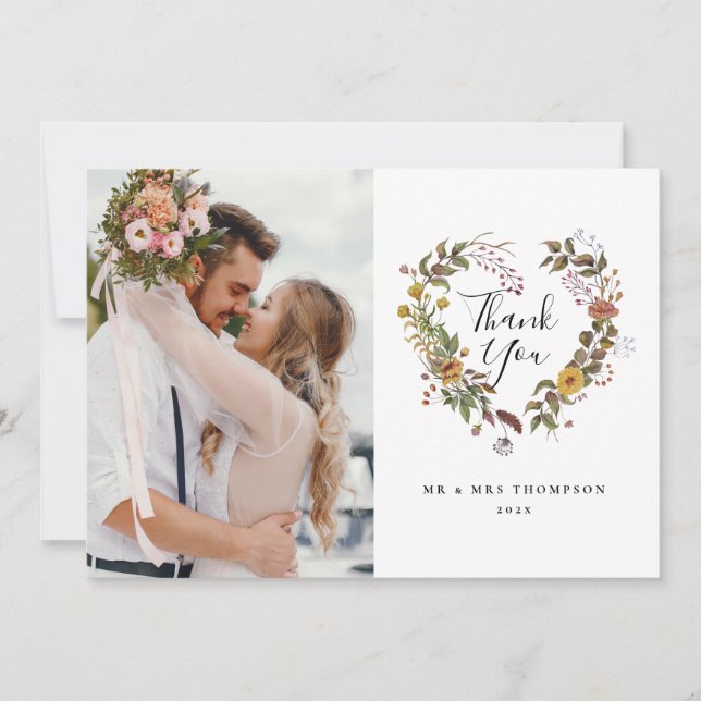 Elegante Script Floral Wedding Dankeschön Karte (Vorderseite)
