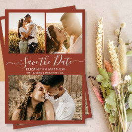 Elegante Script Foto Collage Terracotta Wedding Save The Date