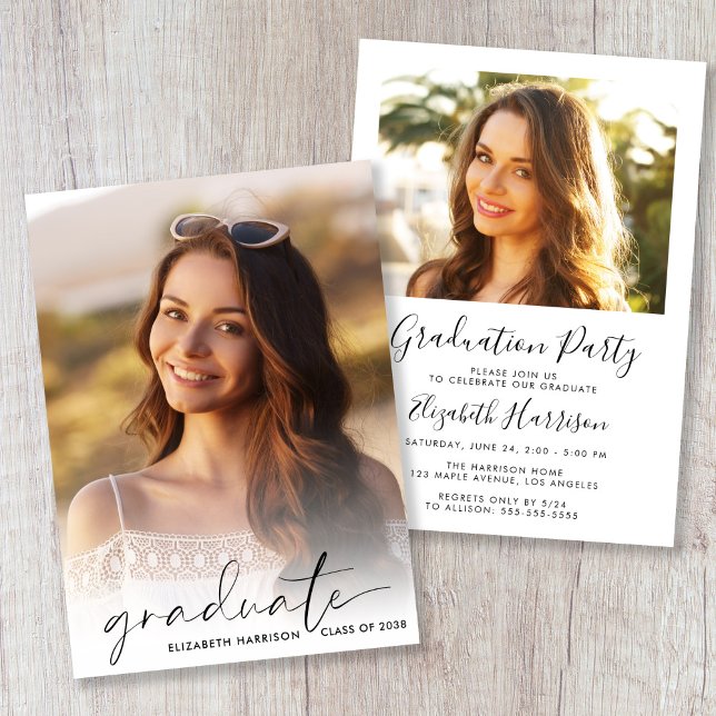 Elegante Script-Foto-Overlay-Graduierungspartei Einladung (Elegant Script Photo Overlay Graduation Party Invitation)