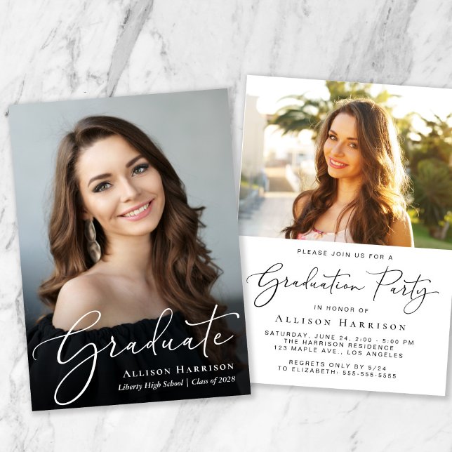 Elegante Script-Foto-Overlay-Graduierungspartei Einladung (An elegant photo graduation party invitation to celebrate the graduate's achievements)