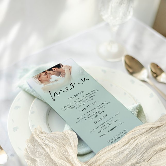 Elegante Script Foto Sage Green Wedding Menu Card Einladung (Modern Sage Photo Overlay Menu available printed or as a digital download)