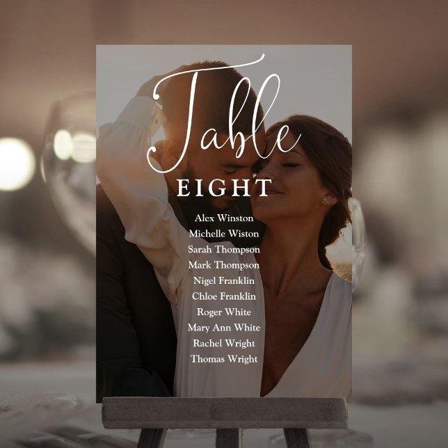 Elegante Script-Foto-Seating Chart-Tischnummer Einladung (Elegant Script Photo Seating Chart Table Number)
