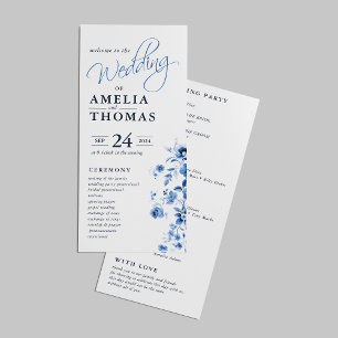 Elegante Script French Blue Floral Toile Hochzeit Programm