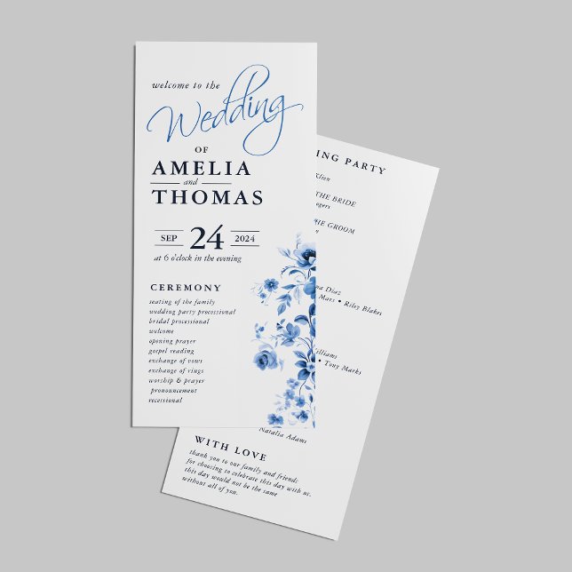 Elegante Script French Blue Floral Toile Hochzeit Programm (Von Creator hochgeladen)
