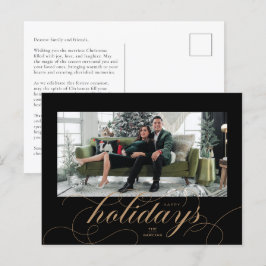 Elegante, Script Geblüht Schwarz Holiday Foto Card Feiertagspostkarte