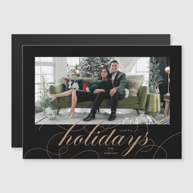 Elegante, Script Geblüht Schwarz Holiday Foto Card Magneteinladung (Vorne/Hinten)