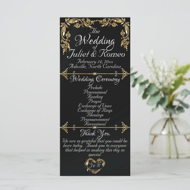 Elegante Script & Gold Blätter - Black Wedding Programm (Stehend Vorderseite)