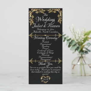 Elegante Script & Gold Blätter - Black Wedding Programm