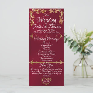 Elegante Script & Gold Blätter - Burgundy Wedding Programm