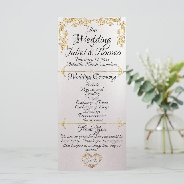 Elegante Script & Gold Blätter - Pearl White Weddi Programm (Stehend Vorderseite)