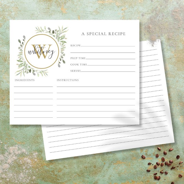 Elegante Script Gold Monogram Greenery Rezept Card (Elegant Script Gold Monogram Greenery Recipe Card)