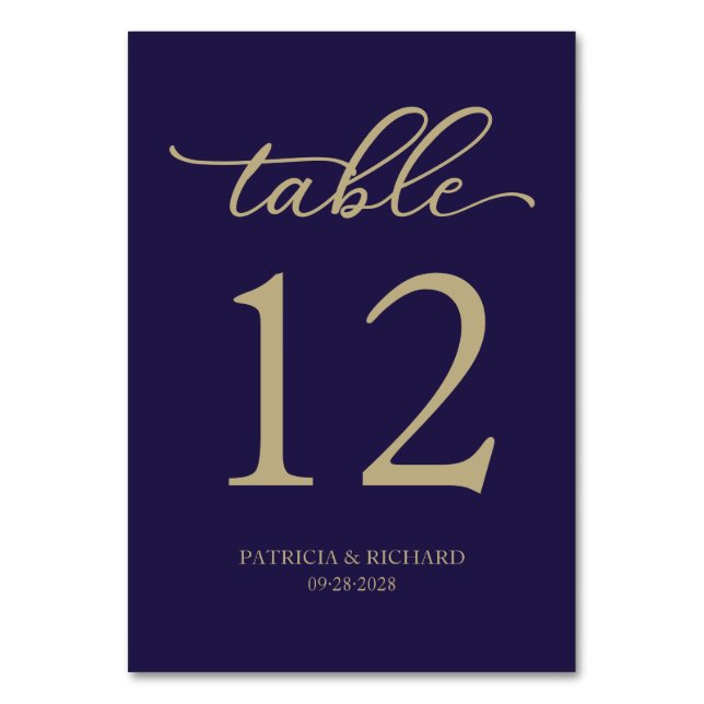 Elegante Script Gold Navy Blue Wedding Tischnummer (Vorderseite)