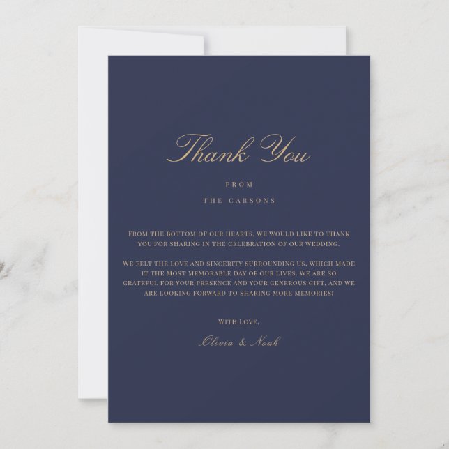 Elegante Script Gold & Navy Dankeschön Karte (Vorderseite)