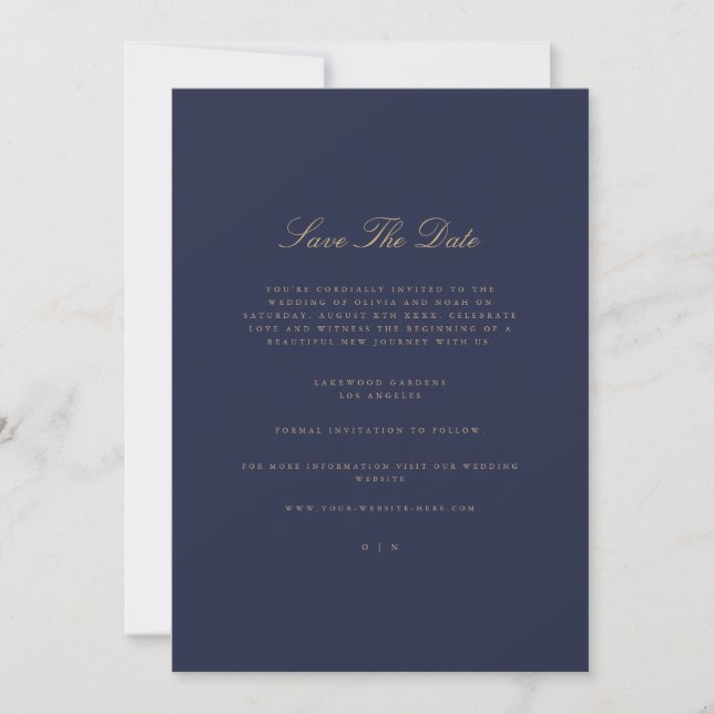 Elegante Script Gold & Navy Save the Date Card Ankündigung (Vorderseite)