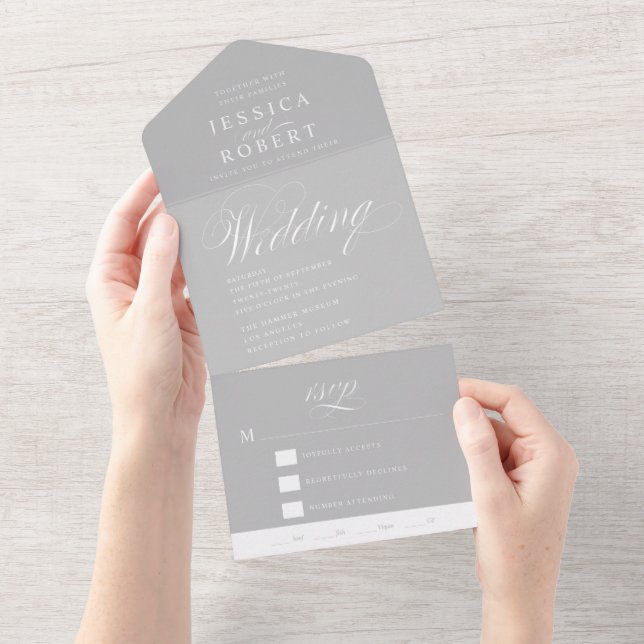 Elegante Script Gray and White Calligraphy Wedding All In One Einladung (Abreißen)