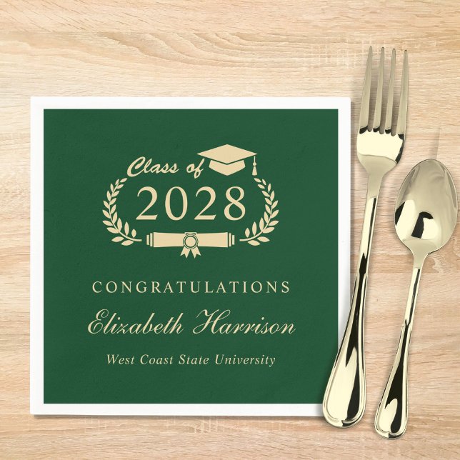 Elegante Script Green Gold Graduation Party Serviette (Von Creator hochgeladen)