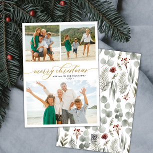 Elegante Script Greenery 3 Multi-Foto Weihnachten