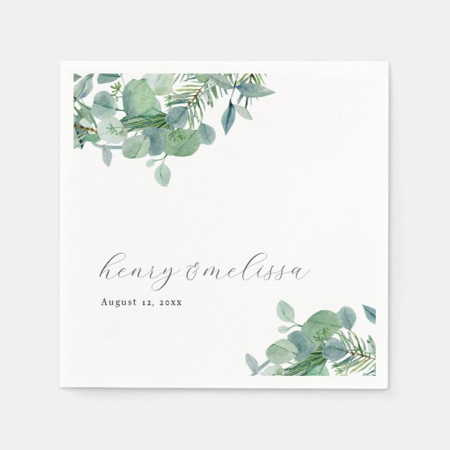 Elegante Script Greenery Blätter Eucalyptus Weddin Serviette (Vorderseite)