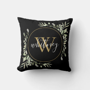 Elegante Script Greenery Gold Monogram Black Kissen