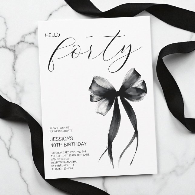 Elegante Script Hello Forty Schleife 40. Geburtsta Einladung (Elegant Script Hello Forty Bow 40th Birthday Party Invitation)