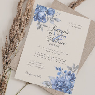 Elegante Script-Hochzeit Dusty Blue Rustikal Flora Einladung