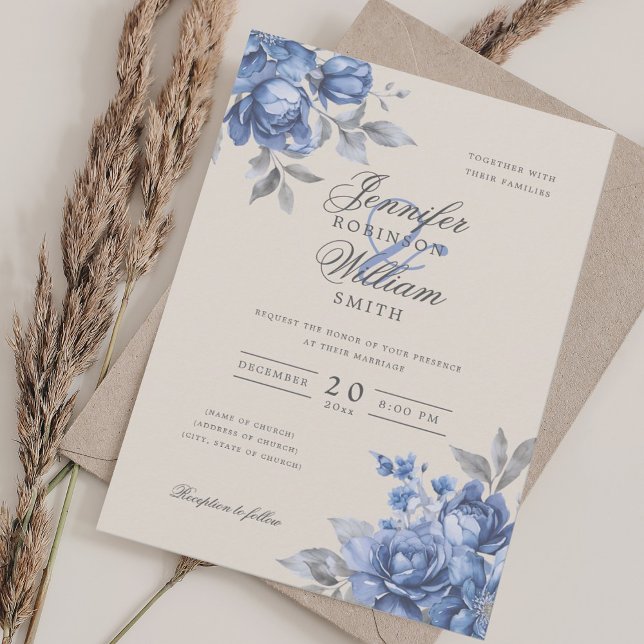 Elegante Script-Hochzeit Dusty Blue Rustikal Flora Einladung (Von Creator hochgeladen)