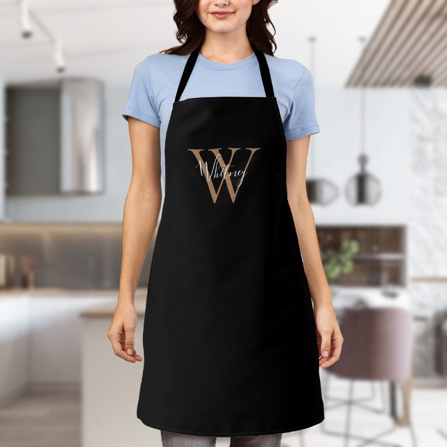 Elegante Script Initial Black Gold Monogram Schürz Schürze (Elegant Script Initial Black Gold Monogram Apron)