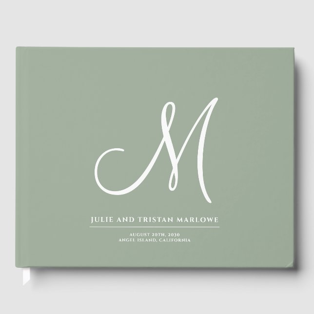 Elegante Script Initial Wedding Monogram Sage Gree Gästebuch (Vorderseite)