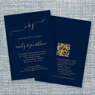 Elegante Script Initials Navy Gold QR Code Hochzei Einladung