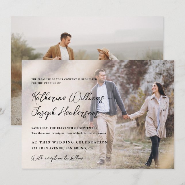 Elegante Script Kalligrafie Modern Foto & QR-Code Einladung (Vorne/Hinten)