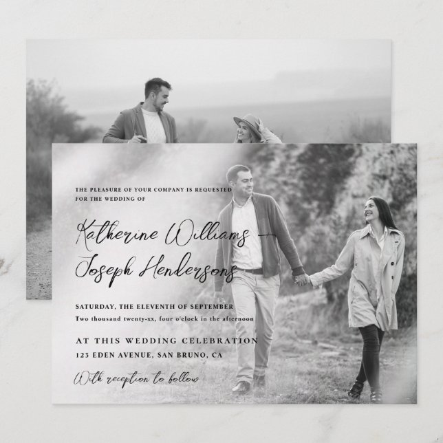 Elegante Script Kalligrafie Modern Foto & QR-Code Einladung (Vorne/Hinten)