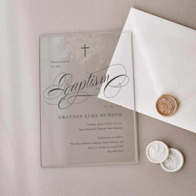 Elegante Script-Kalligrafie neutrale Taufe Acryleinladungen (Elegant calligraphy script baptism invitations.)