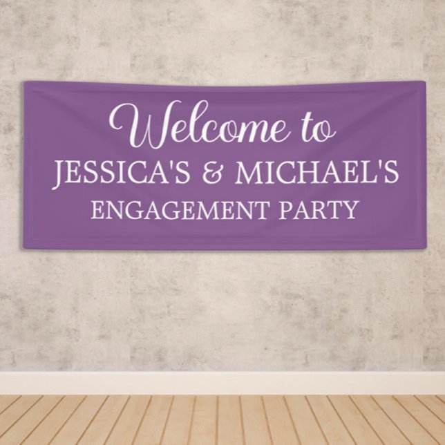 Elegante Script-Lila Engagement-Partei Banner (Purple engagement party banner personalized with names)