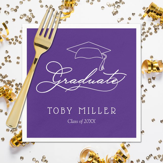 Elegante Script Lila Graduation Party Napkins Serviette (White script grad cap on purple personalized graduation party napkins, paper plates in our store)