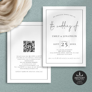 Elegante Script Line Border QR Schwarz-weiß Hochze Einladung
