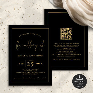 Elegante Script Line QR Code Black Gold Hochzeit Einladung