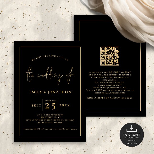 Elegante Script Line QR Code Black Gold Hochzeit Einladung (Front and back view)