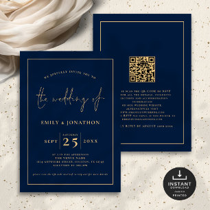 Elegante Script Line QR Code Navy Blue Gold Hochze Einladung