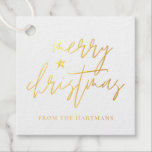 Elegante Script Merry Christmas Real Geschenkanhänger<br><div class="desc">Diese schlichten,  eleganten Geschenketiketten sind mit echter Goldfolie (oder der Option Silber) versehen und lesen "Frohe Weihnachten" in einem stilvollen Schriftart. Eine Textvorlage ist für eine einfache Personalisierung vorgesehen. Schenken Sie Geschenke elegant und einfach!</div>